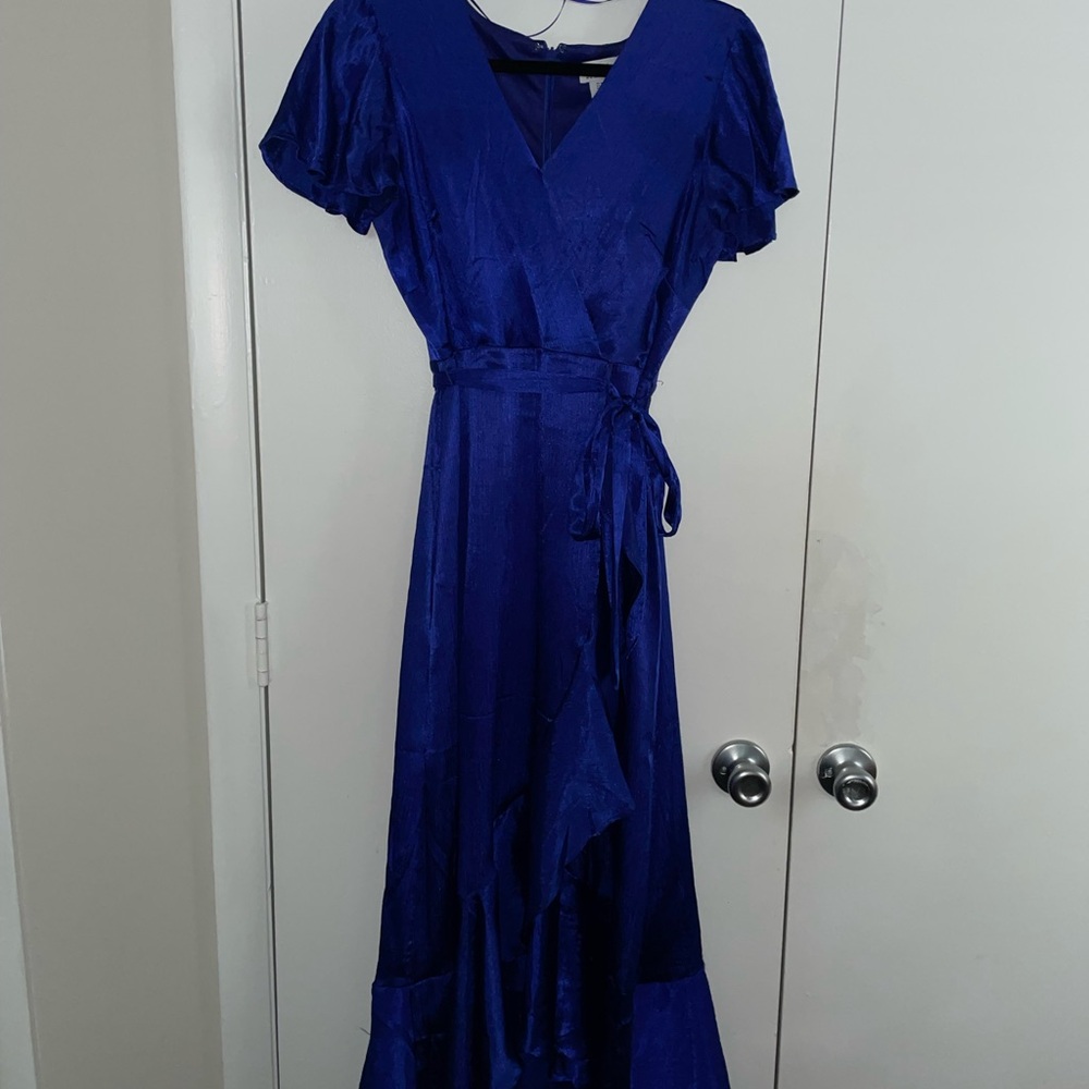 Nicole Miller Blue Wrap Maxi Dress with Flutter Sleeves